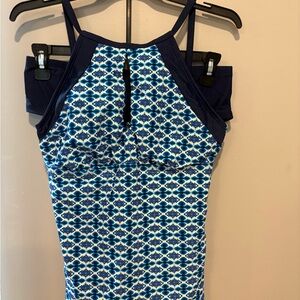 Ellen Tracy Two Piece Blue Patterned High-Neck Bikini Swim Set